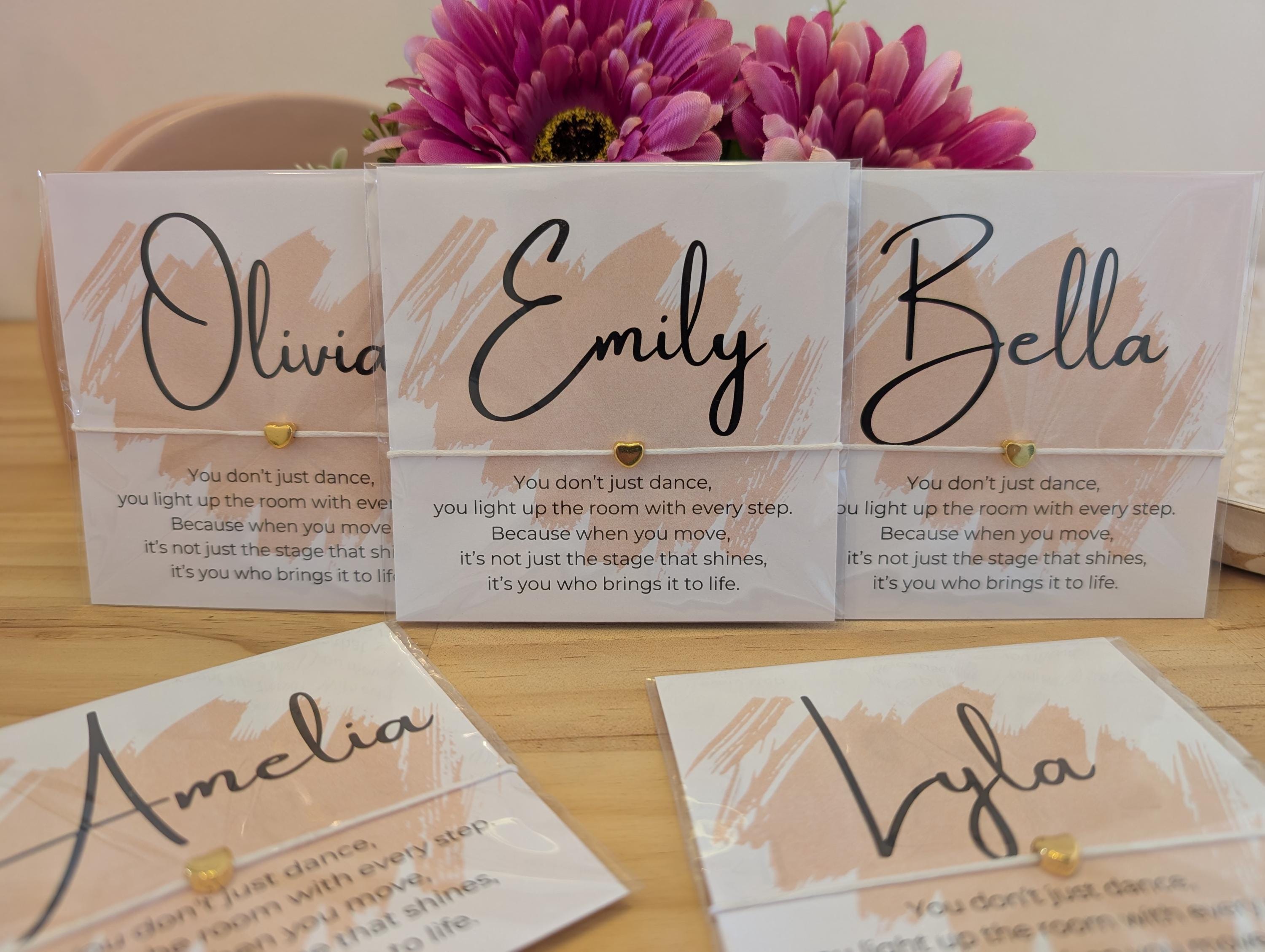 Personalized Dance Team Bracelet Card with Name & Charm